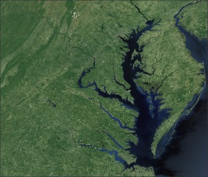 The Chesapeake Bay Watershed.  Landsat imagery courtesy of NASA Goddard Space Flight Center and U.S. Geological Survey.