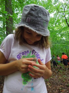 7-year-old Cecilia Bowers collects frogs in the SERC forest. (SERC)