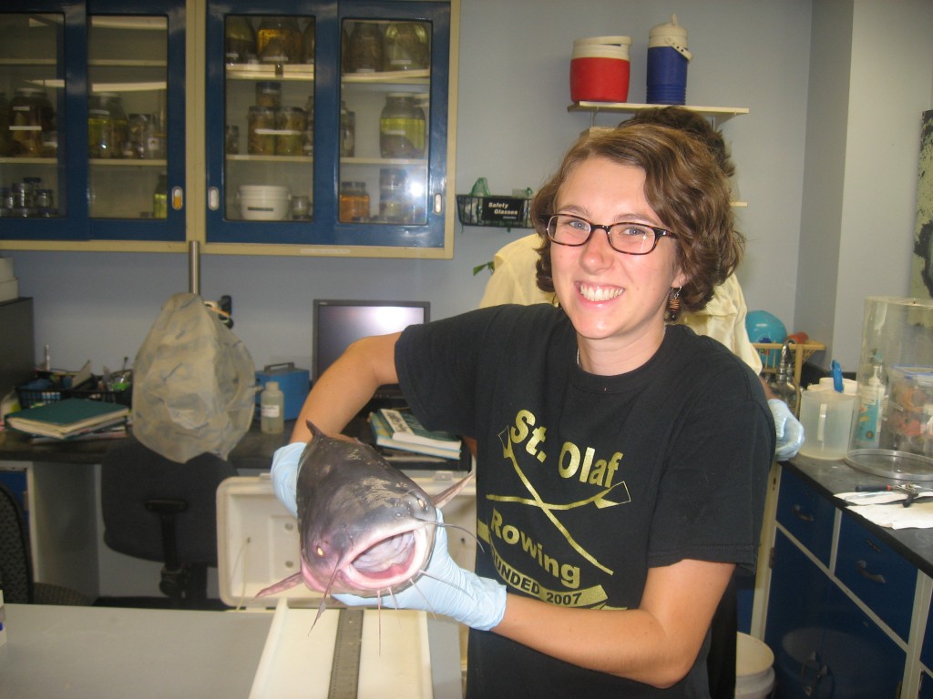 Brooke Weigel displays a recently-caught blue catfish in SERC's Fish & Invertebrate Lab. (Katie Sinclair)