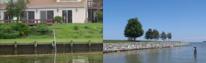 A split image with a wooden bulkhead on the left and a rocky riprap revetment on the right.