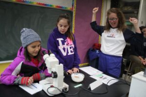 Students and scientist with microscope