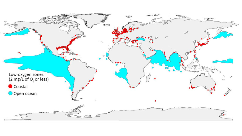 Map of the world, with low oxygen zones in ocean (blue) and coasts (red)