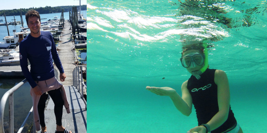 Two photos: Male scientist on dock and female scientist snorkeling underwater.
