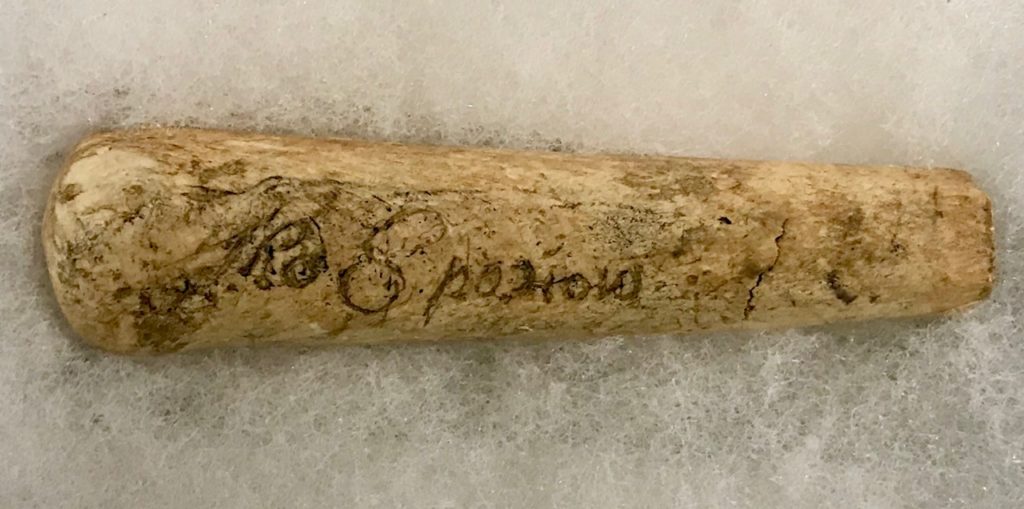 17th-century bone handle inscribed with "Tho Sparrow"