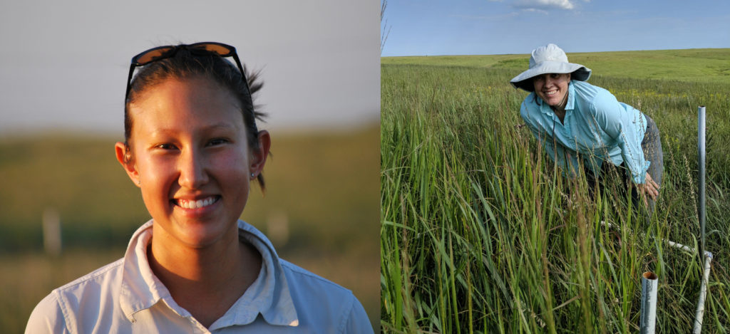 Two separate photos of Kim Komatsu and Meghan Avolio in a Kansas prairie