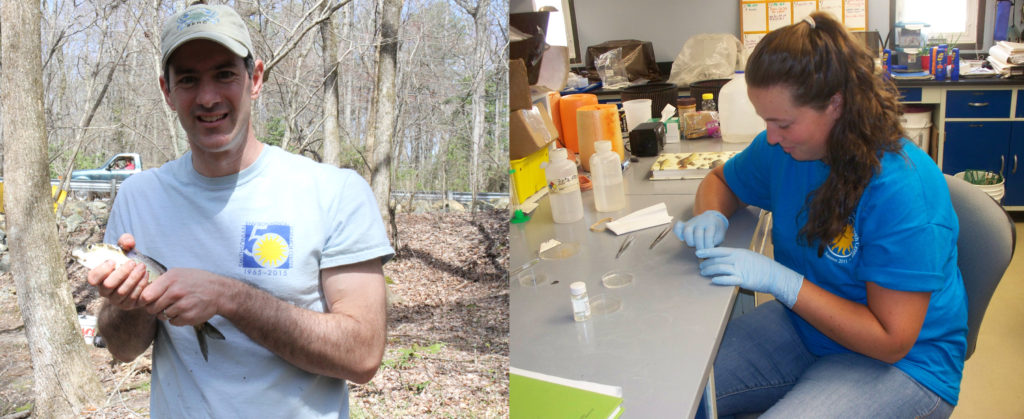 Left: Man holding a fish in a forest. Right: Woman analyzing samples in a lab.