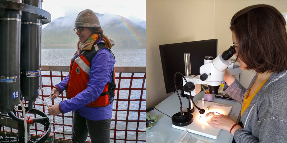 Left photo: Young woman in life preserver on ship deck with green mountain and rainbow behind her. Right: Same young woman at desk looking into a microscope.