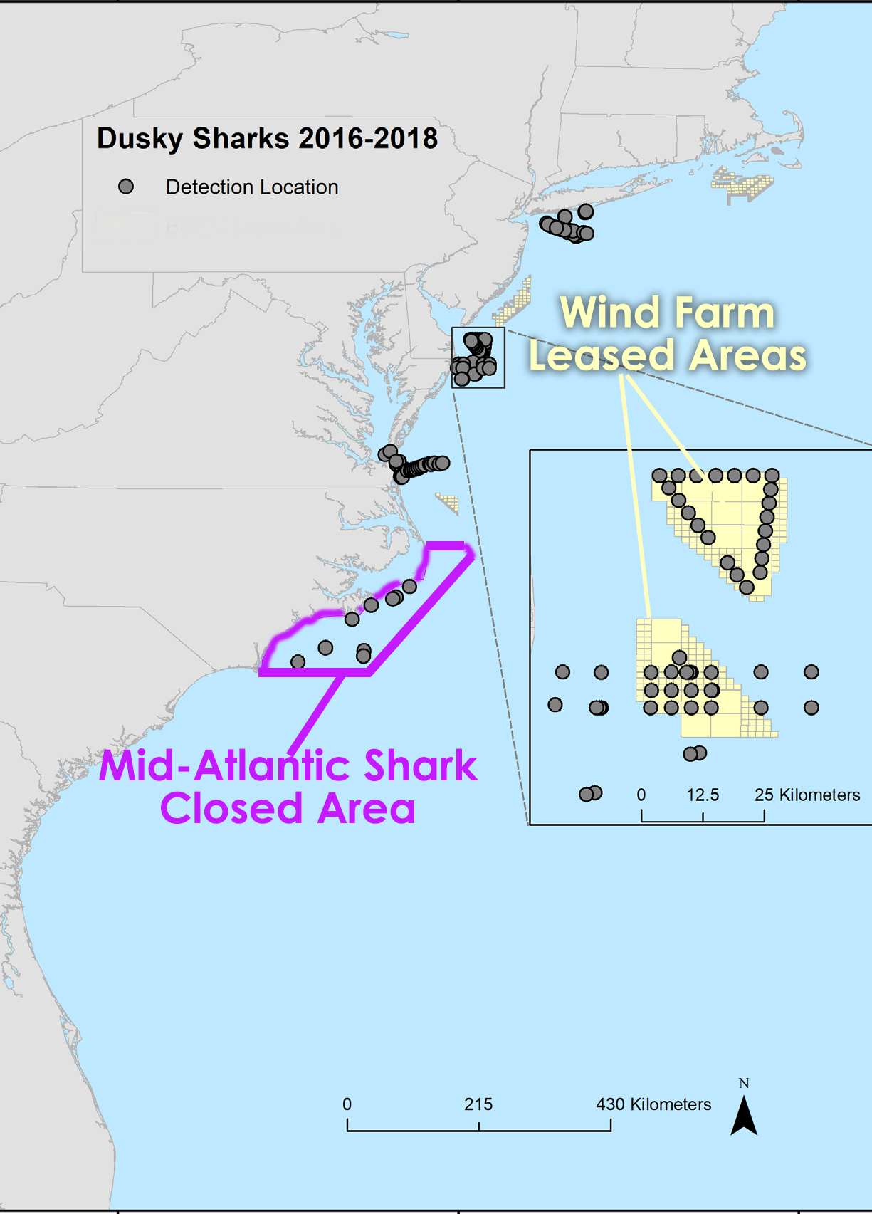 Map of U.S. East coast with purple border for Mid-Atlantic Shark Closed Area and yellow regions leased for offshore wind farms