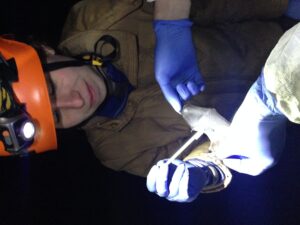 Young woman with head lamp examines a bat wing