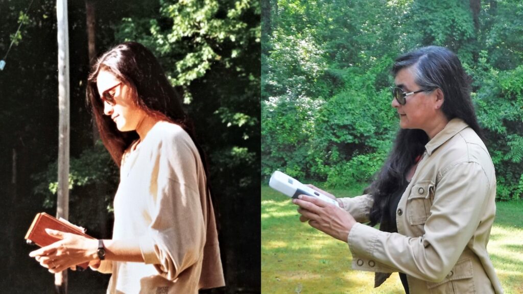 Maria Alejandra Ceballos, wearing a yellow shirt, holds the sun photometer during her 1993 internship (pictured left). Thirty years later, in a photo on the right, she replicates the 1993 photo to show herself using an updated version of the device.