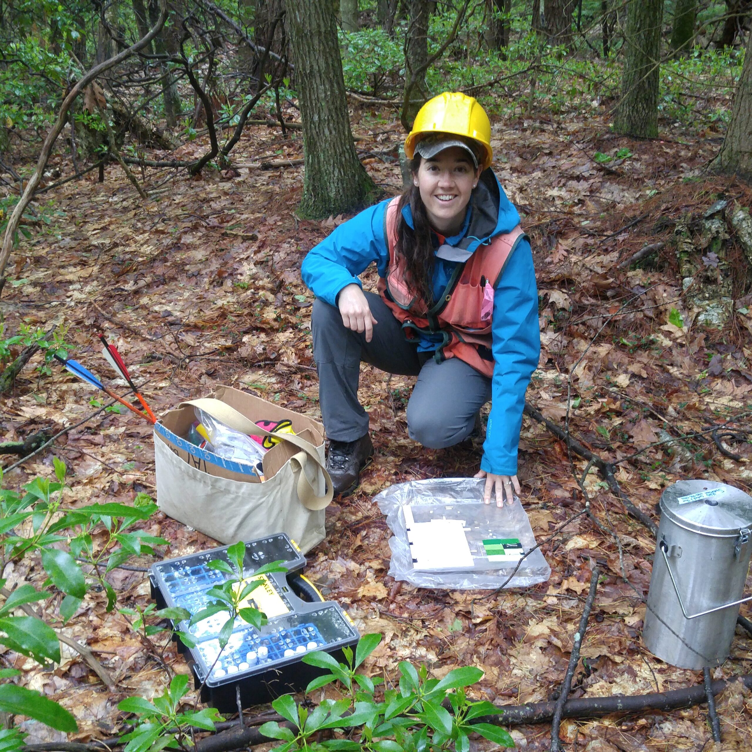 Jess Shue kneels on a forest floor wearing a yellow hard hat, with a silver canister, bag of crossbow bolts and scientific collecting cases in front of her